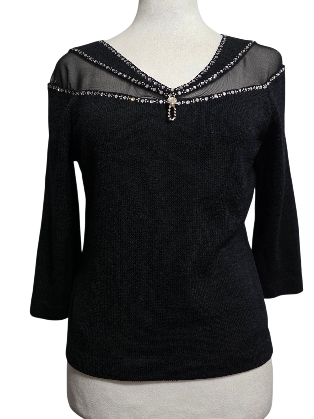St. John Black Embellished Knit Top Mesh Rhinestone Designer Sweater Sz 2